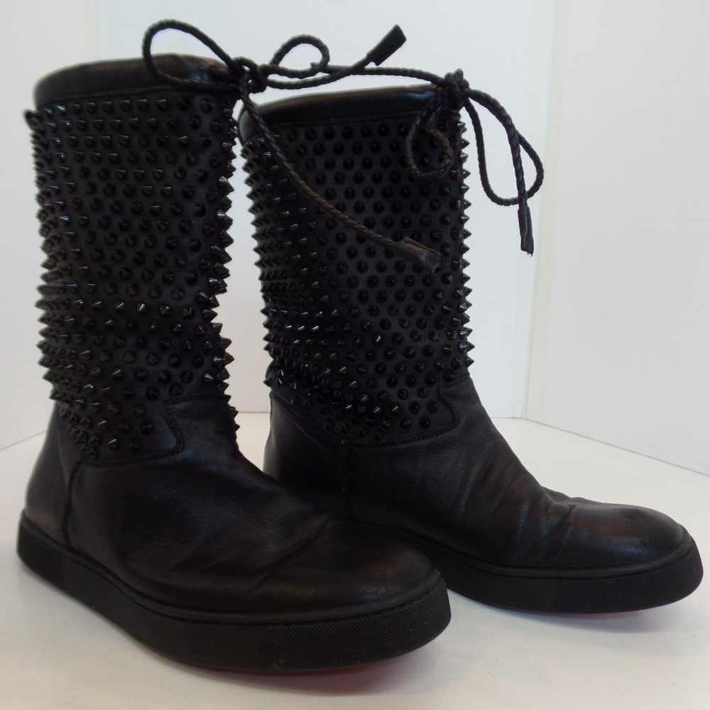 Christian Louboutin Sur La Pony Spike Napa Mid Calf Boots Black Leather Size 9 - Picture 3 of 16